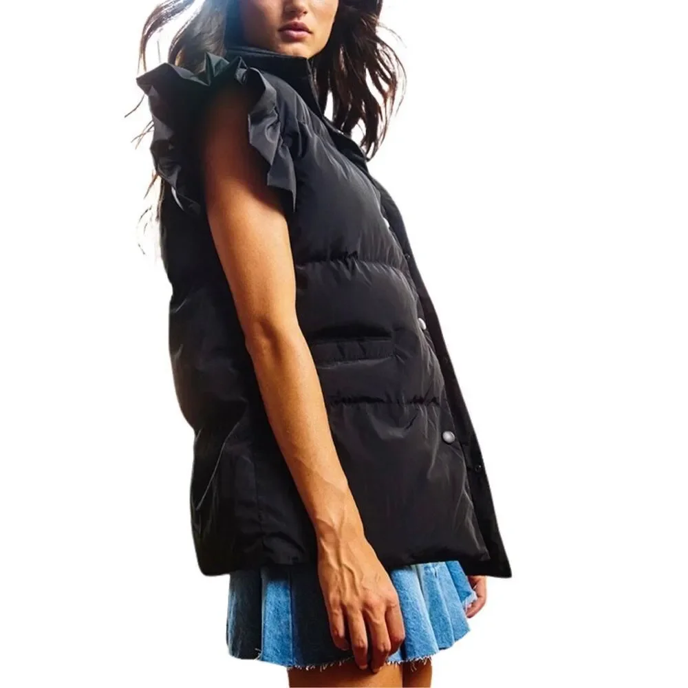 Bucket List Black Ruffle Sleeve Puffer Vest Size Medium NWT